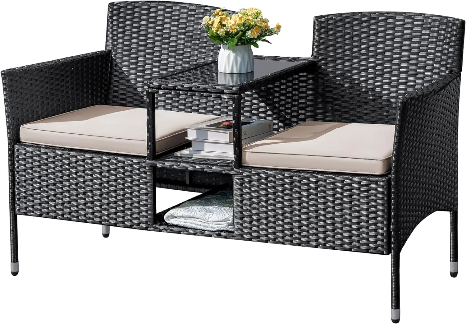 

Flamaker Outdoor Furniture Patio Loveseat Wicker 2-Seat with Built-in Table and Cushions Rattan Porch Chairs Bench for Balcony