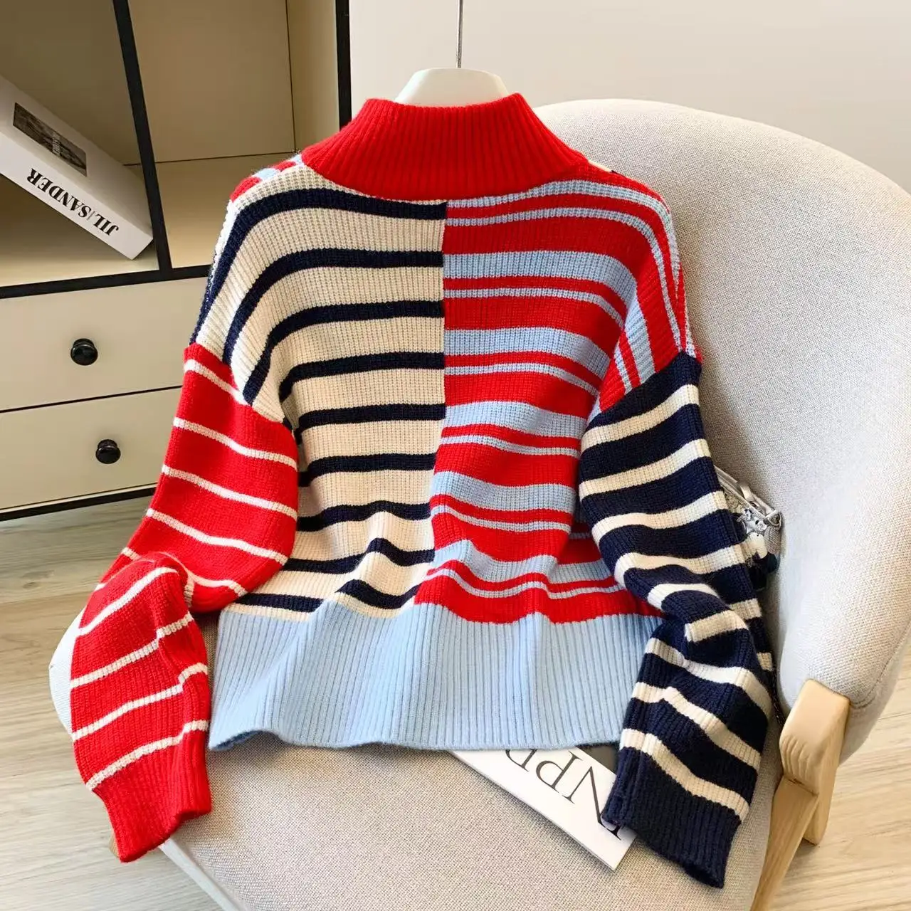 موضة مخطط متماسكة سترة البلوز المرأة الخريف الشتاء كم طويل الرمز البريدي القمم أنيق شيك موضة فضفاضة السيدات لاعبا 2025 #2