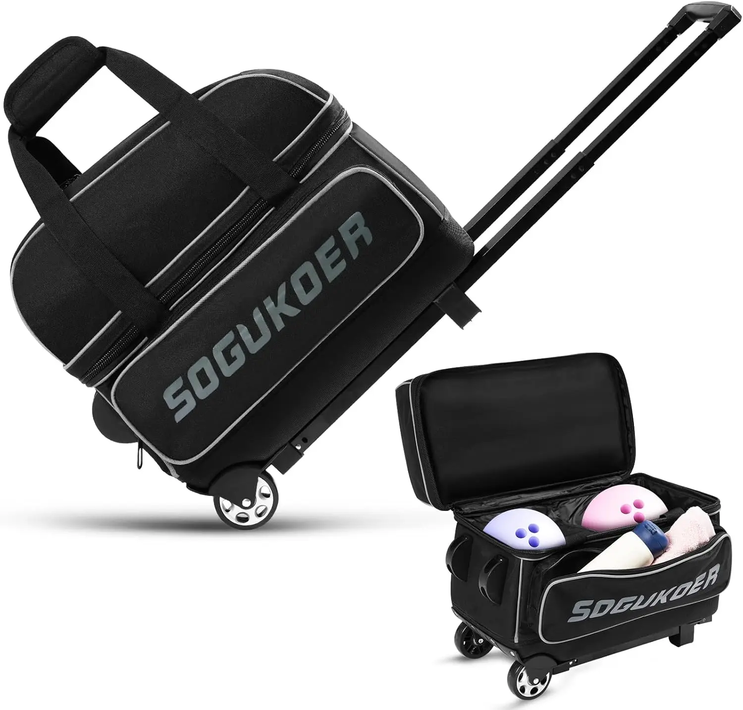 

2 Bowling ball Bag with Wheels, Lightweight Trolley Double Ball Bowling bag with Large Separate Shoe