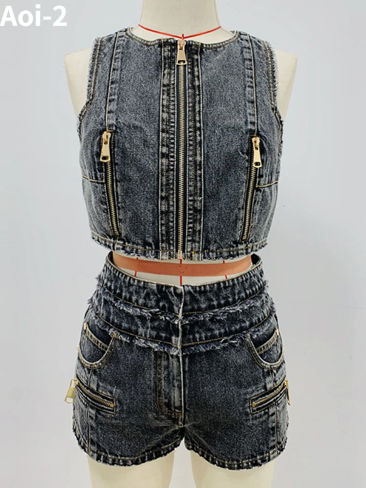 Fashion Vintage Denim Suit Women's Summer New Zipper Vest Top+Shorts Hot Pants American Style Sexy Two-piece Set