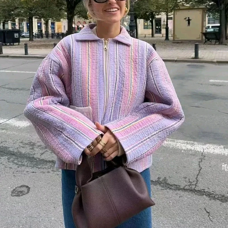 Nouveau automne femmes banlieue Sle Long Sve ample coton Jaet avec col imprimé ket décontracté Faion vêtements d'extérieur