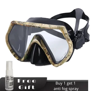 Máscara de buceo libre para adultos, lente única con lentes de vidrio templado, vista panorámica HD, spray antivaho, negro, camuflaje