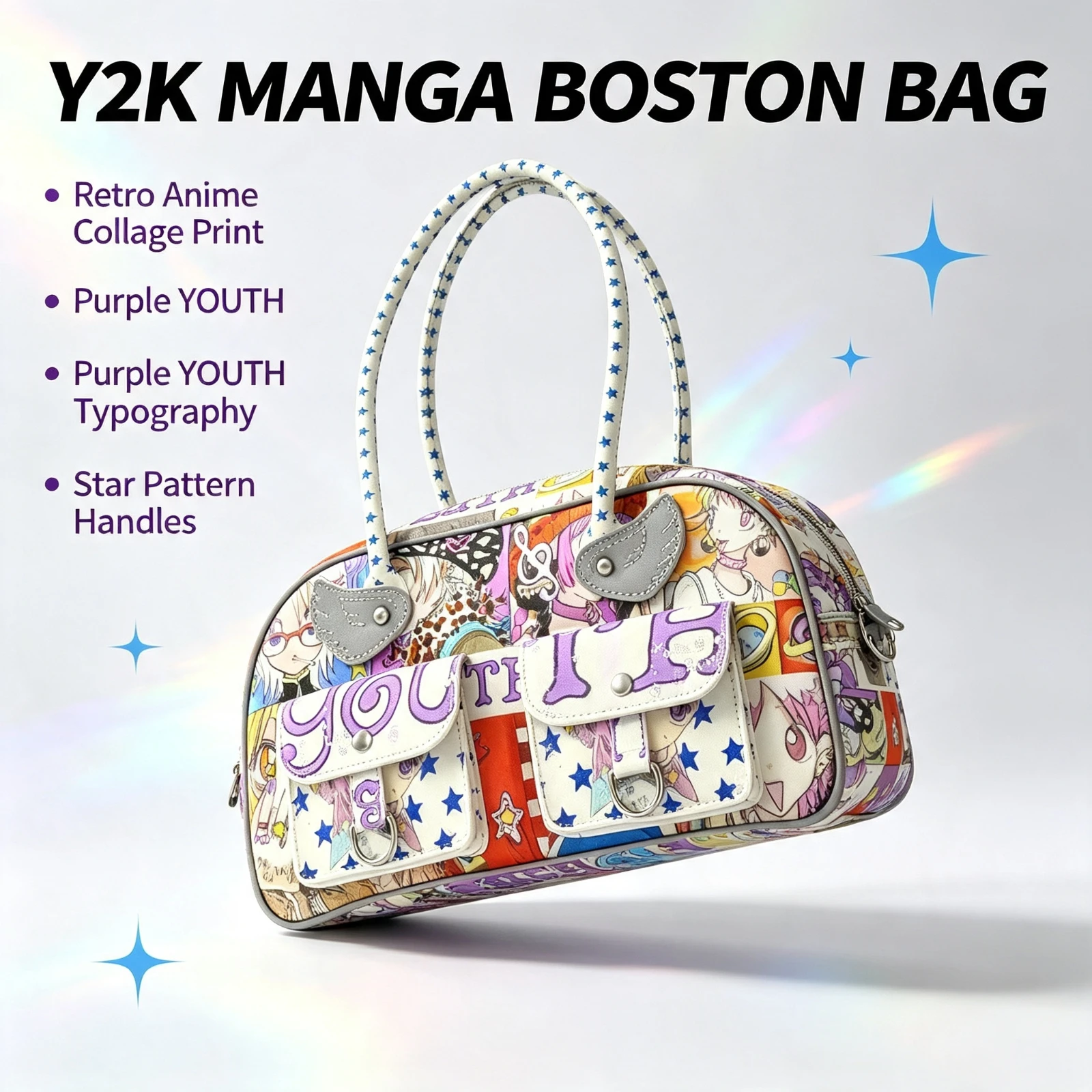 Y2K Printed Boston Bag Anime, Wings Handle Shoulder Handbag Cute, Kawaii Graphic Tote For Women, Girls Fashion Streetwear Gift