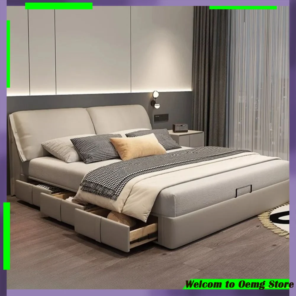 

Modern Upholstered Queen Bed LED Lights Multifunctional Storage Lounge Ideal Luxury Bedroom Decoration Cama Casal Home Furniture