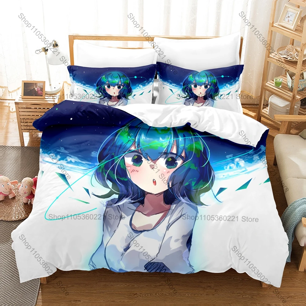 Cool Earth-Chan Kawaii Anthropomorphic Planet Girl Green Forest Ocean Cute Cartoon HD Print Bedding Set Duvet Cover + 2 Pillowca