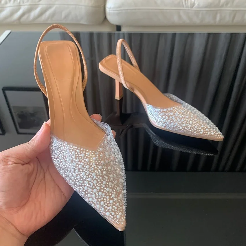 Salto alto de dedo apontado para mulheres, decoração pérola, slingback, sandálias, sapatos elegantes, moda verão, 2024