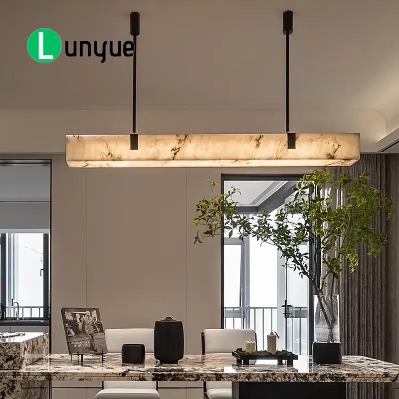 Modern Linear Chandelier Spanish Natural Marble Ceiling Lamp Single Strip Pendant Light for Restaurant Home Dining Room Decor