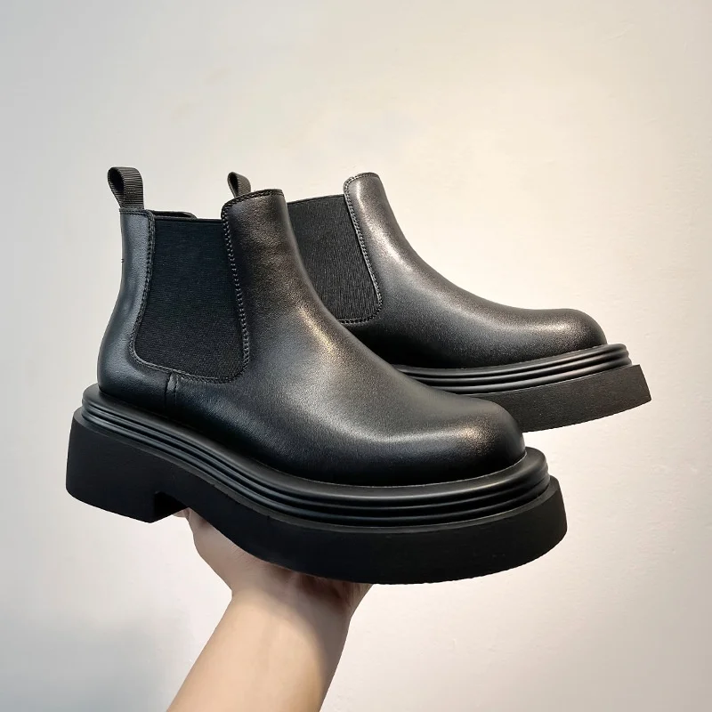 

Мужские повседневные ботинки «Челси» в британском стиле, черная обувь из натуральной кожи, ковбойские ботинки на платформе, весенне-осенние ботильоны, botas zapatos