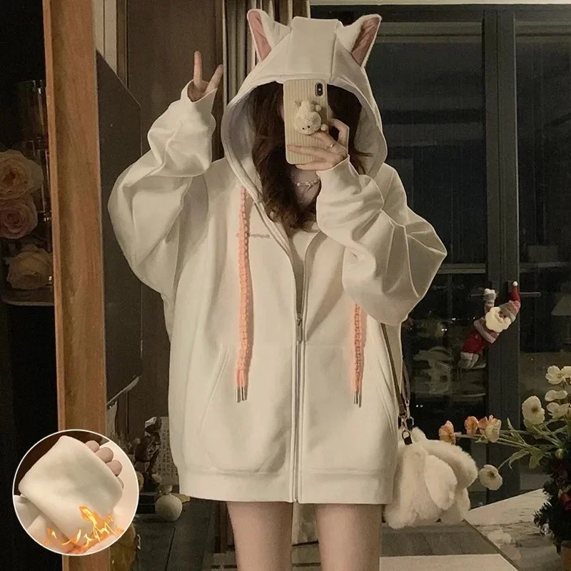 

plus Size Women's Fce Lined Casual Versatile Hoodie American Sle Dog Ear Lazy Sle Outerwear Autumn New Arrival