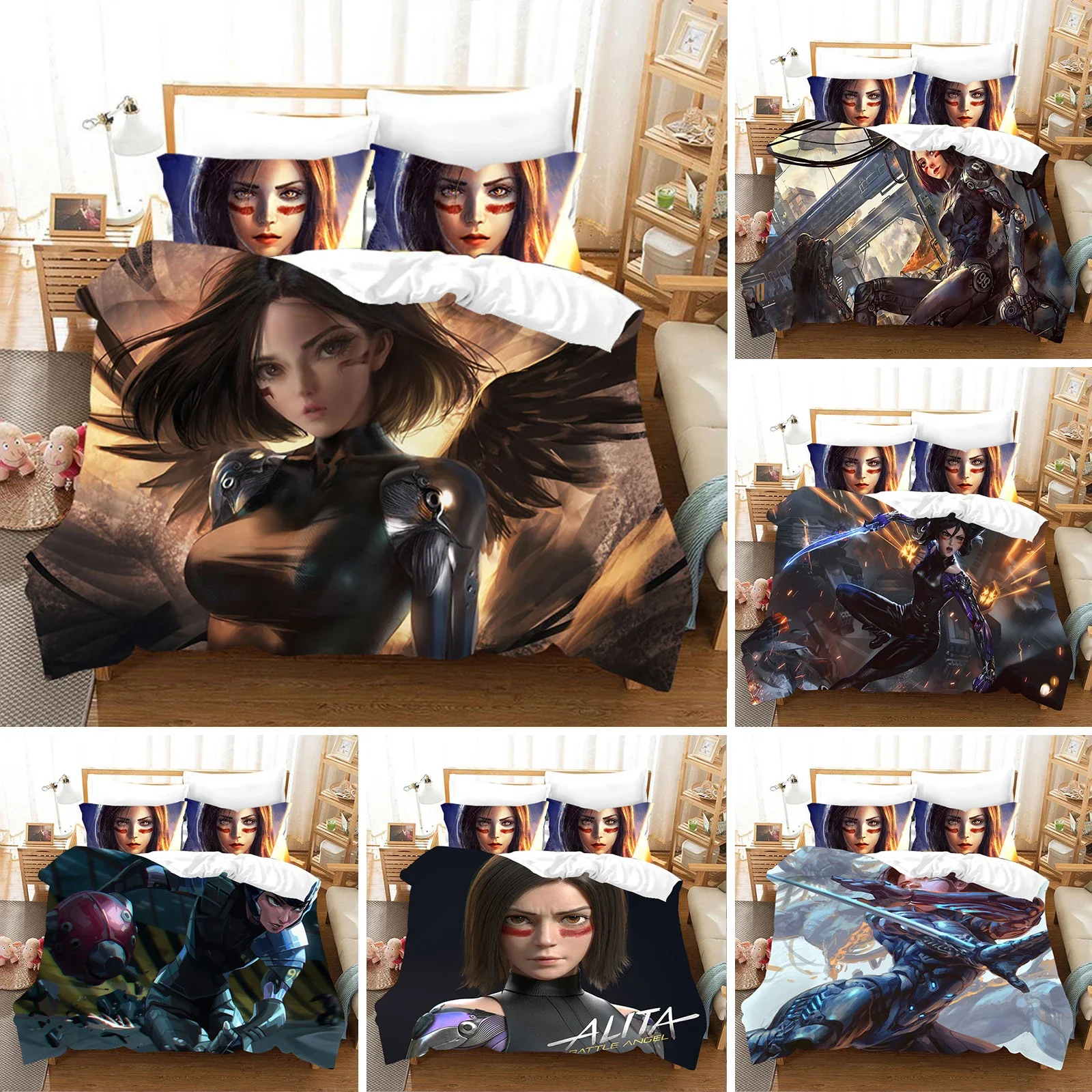 3D Movie ALITA Pattern Duvet Cover with Pillow Cover Bedding Set Single Double Twin Full Queen King Size Bed Set Bedroom Decor