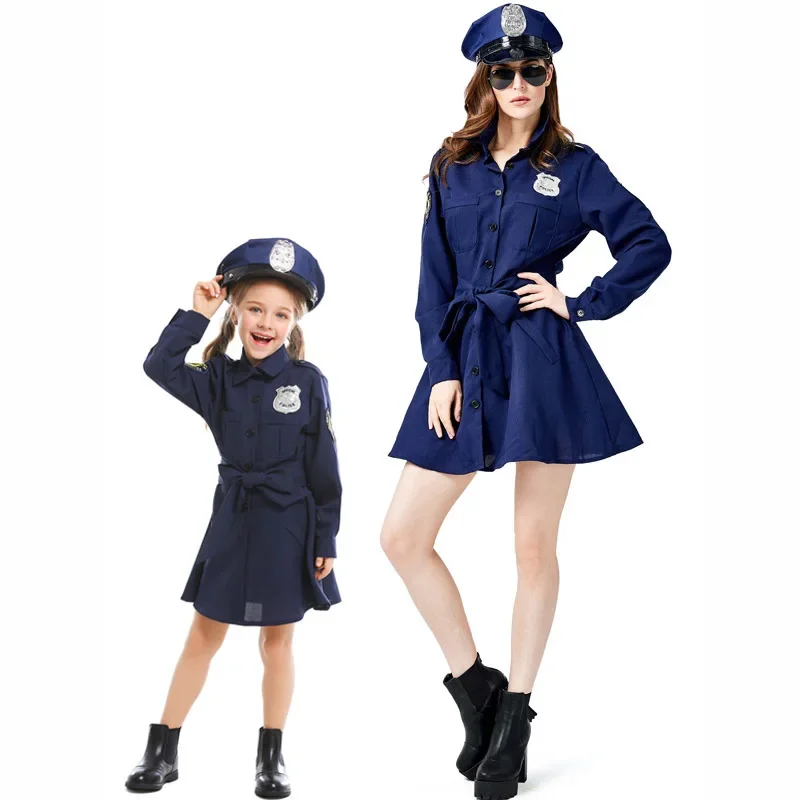 

Kids Adult Police Cop Dress Costumes Cosplay For Girls Woman Halloween Ball Party Fancy Dress Parent- Child Matching Outfits