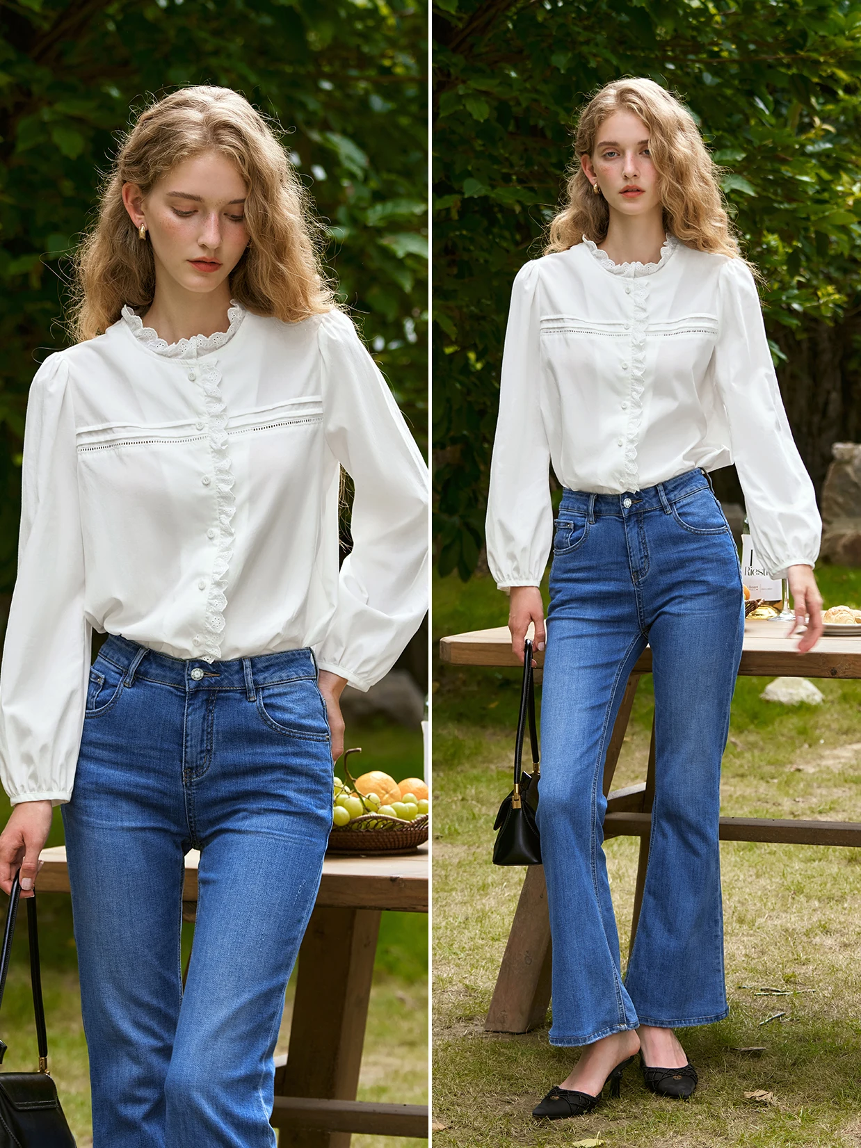 

OLrain Long Puffed Sleeves Elegant Lace Loose Shirt Women Spring Solid Splicing 2025 New Retro Round Neck Tops M56QC93566