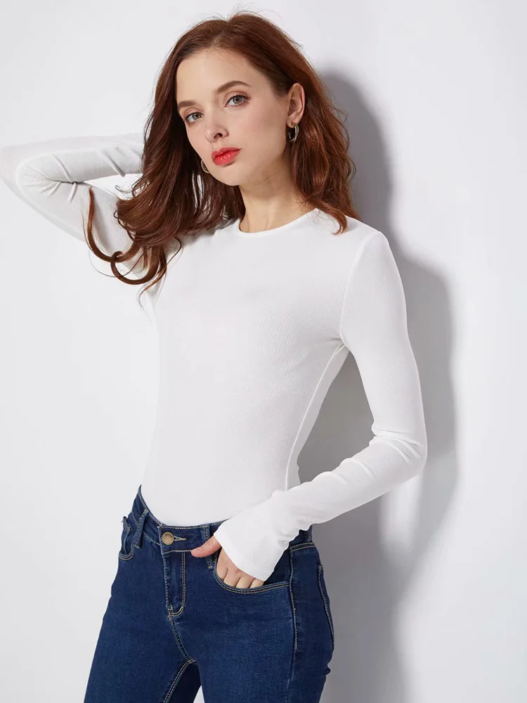 Spring Autumn Women Casual Long-Sleeve O-neck Knitted Bodysuit Streetwear Skinny Elastic Jumpsuits