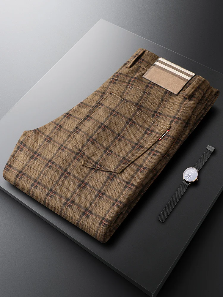 

Busin Casual Plaid Slim Straight Leg Pants for Men Autumn Winter Faion Urban Sle Commute Versatile Khaki Brown Trousers