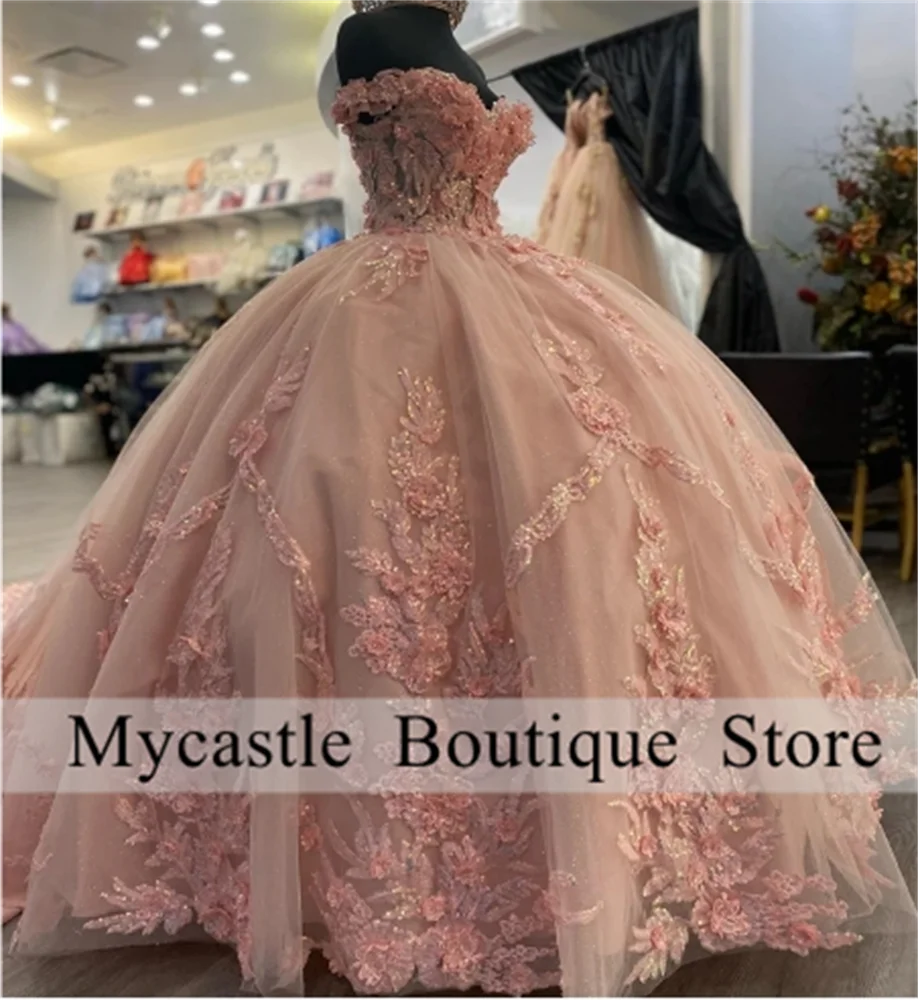 

Pink Lace Sweetheart Ball Gown Quinceanera Dress 2025 Off Shoulder 3D Flower Beaded Princess Sweet 15 Dress Customized