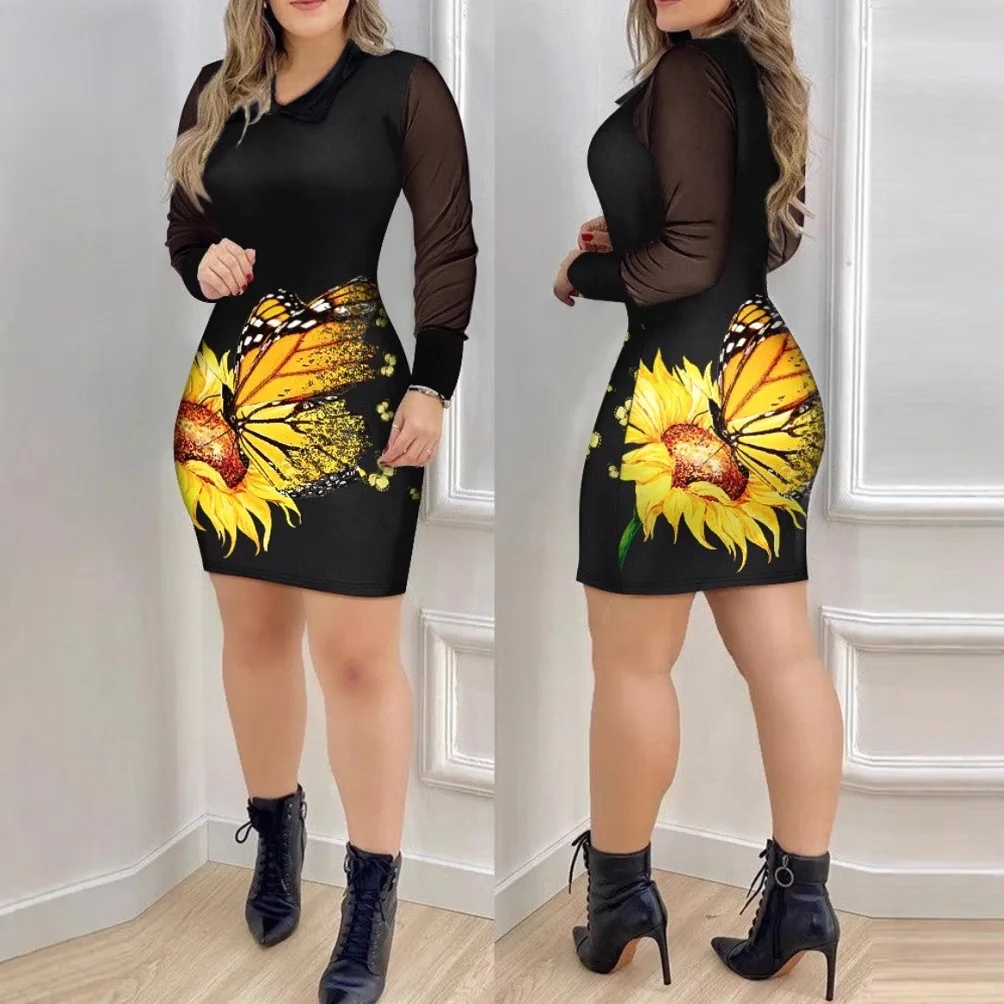 Robes courtes 2025 femme automne et été mode jupe à manches longues élégant col en v coupe ajustée robe imprimée femme Streetwear