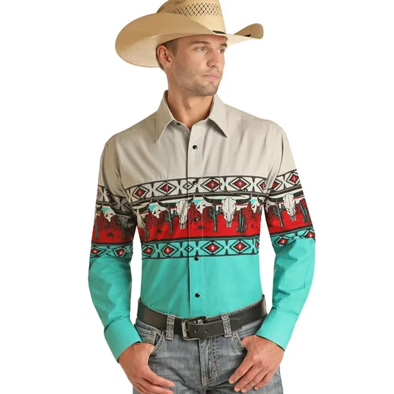 New Men's Western Denim Culture Retro Trend 3D Printed Long-sleeved Shirt Men's Business Casual 6XL Large Size Vacation Top