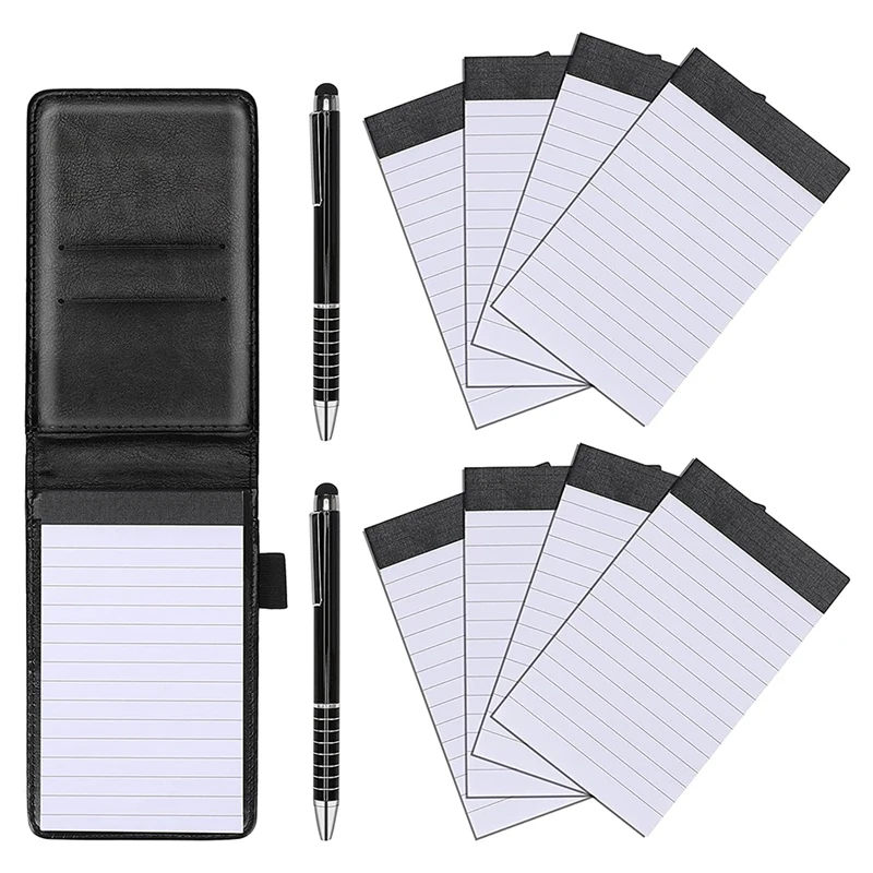 

11 Pcs Mini Pocket Notepad Holder PU Leather Business Notebook Included 2 PCS Metal Pen 8 PCS Refillable Memo Book Black