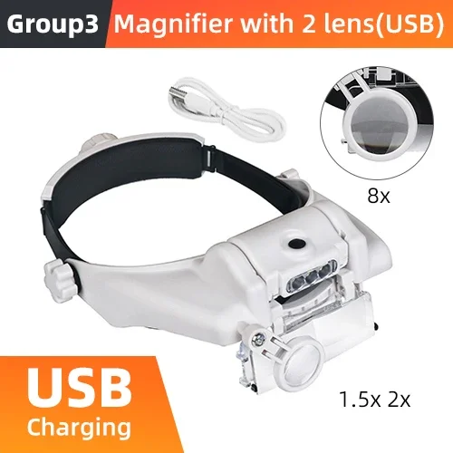USB Oplaadbare Bril Loep Horlogemaker Reparatie Tool Bril Vergrootglas LED Hoofdband Vergrootglas 1.5x 2x 2.5x 3x 3.5x 8