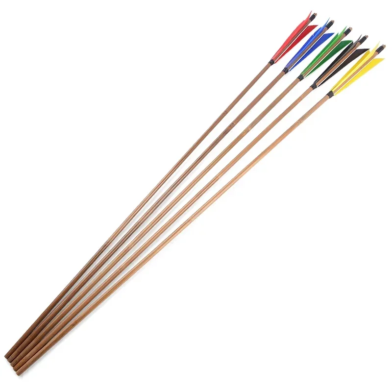 12pcs Archery Bamboo Arrow Shaft Nock Slotted with 5inch Turkey Feather for Recurve Bow Hunting Accessories