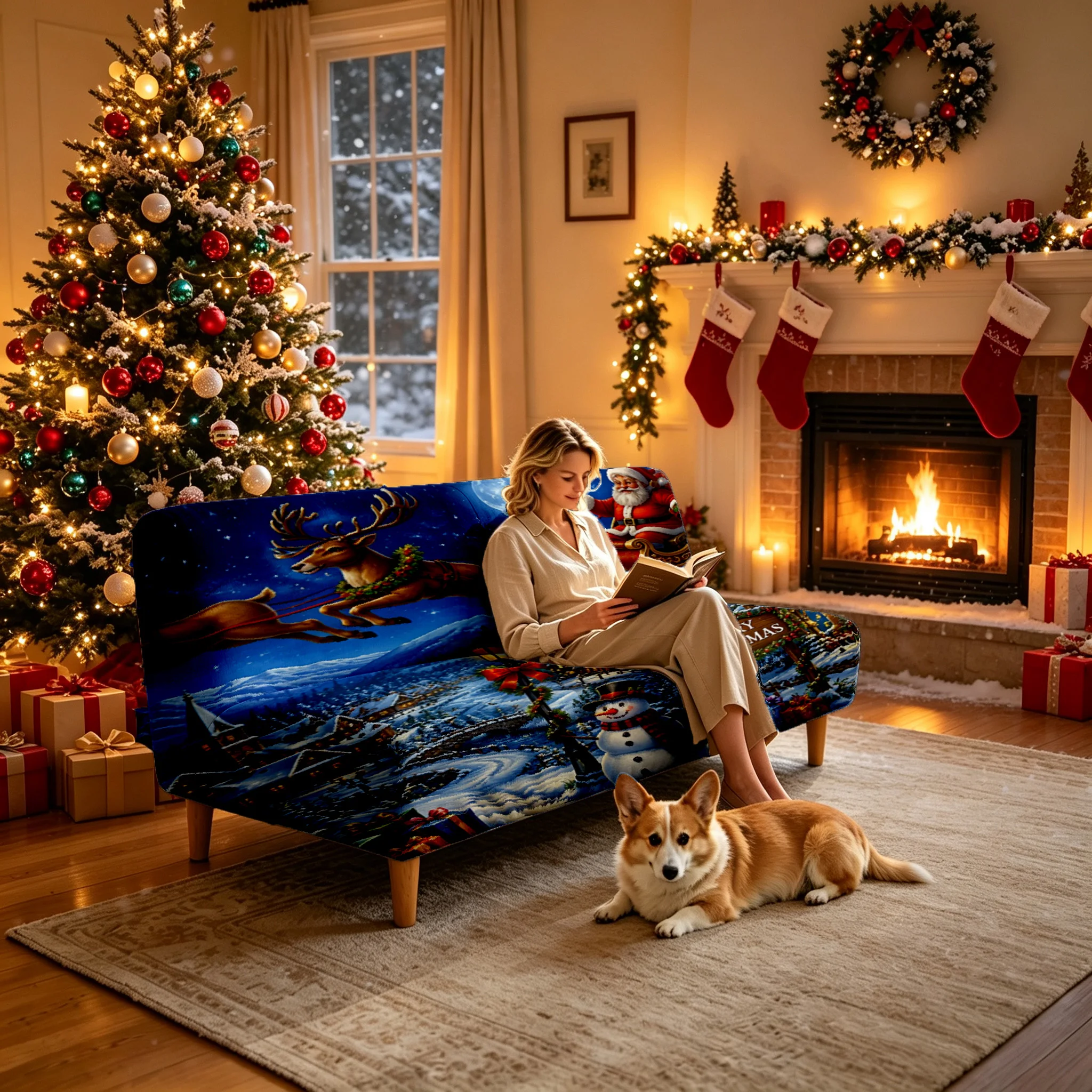 1PC Christmas Santa Claus reindeer printing elastic folding sofa bed cover, holiday living room folding sofa bed decor cover