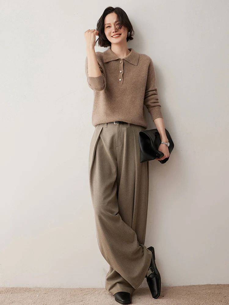 

100% Pure Cashmere Pulllover Knitwear Autumn Winter Swearter Turn-down Collar Soft Comfort Women Bottom Thick Warm Tops Stylish