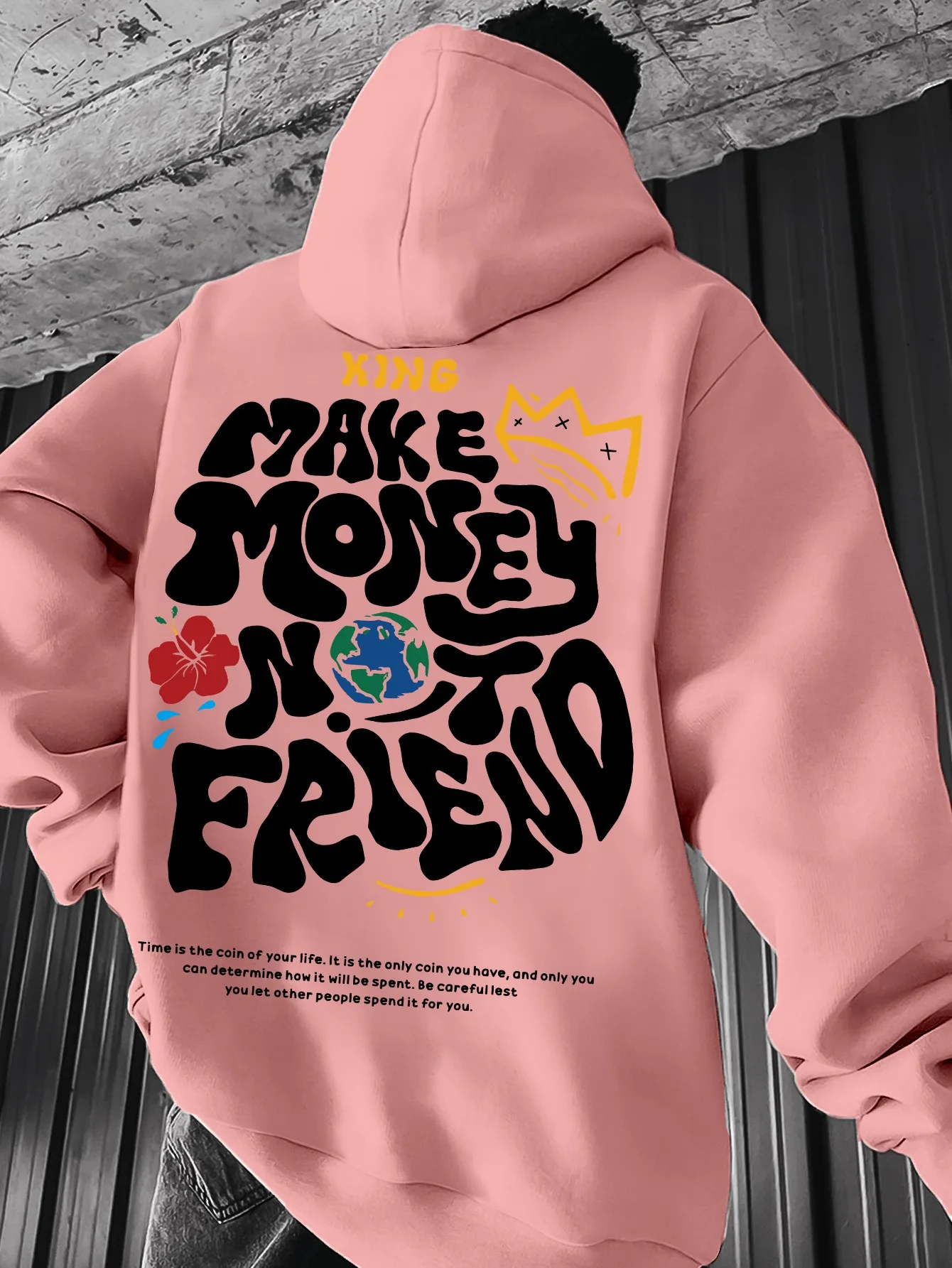 Sudadera con capucha extragrande para hombre con estampado trasero 'Make Money Not Friend', gráfico retro de letras y corona, estilo hip-hop