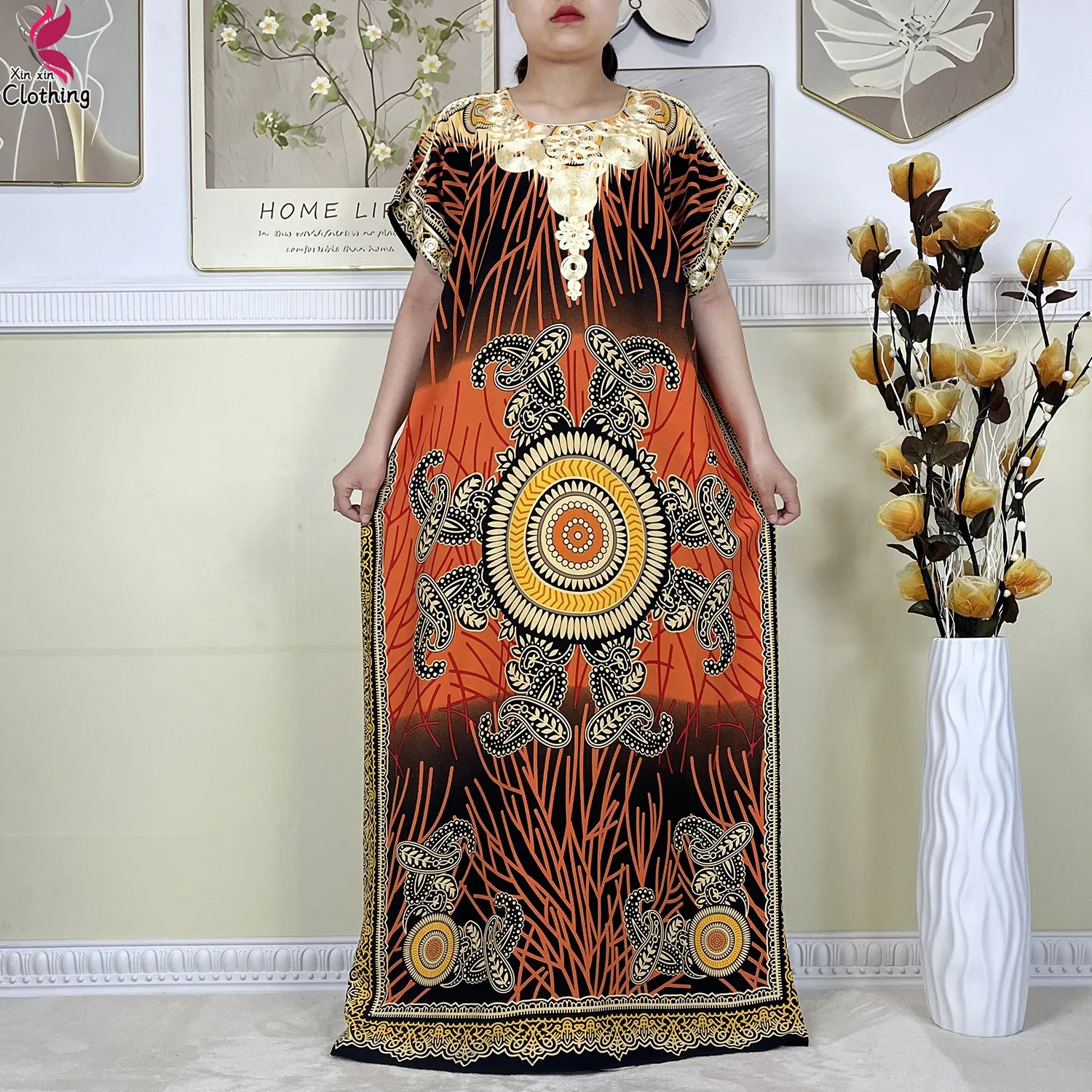 New Style African Abaya Summer Women Dashiki Dresses Floral Loose Boubou Maxi Robe Dubai Islam Women Short Sleeve Casual Dress