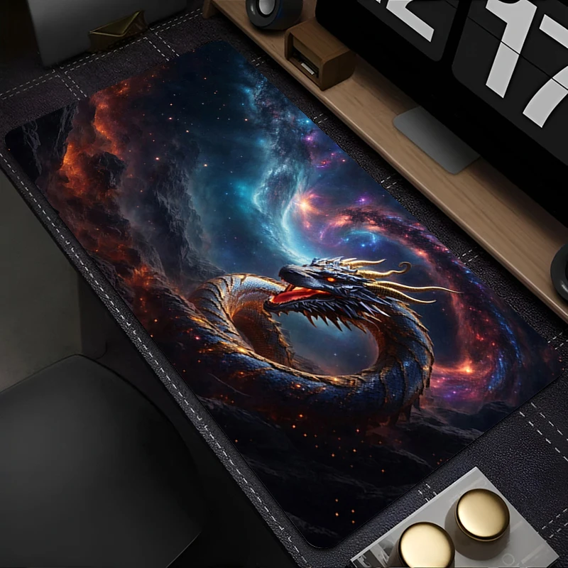 

Коврик для мыши, компьютерный, офисный, для игрового стола, резиновый, противоскользящий, для игровой клавиатуры, с рисунком космической галактики и крутого дракона, длинный настольный коврик