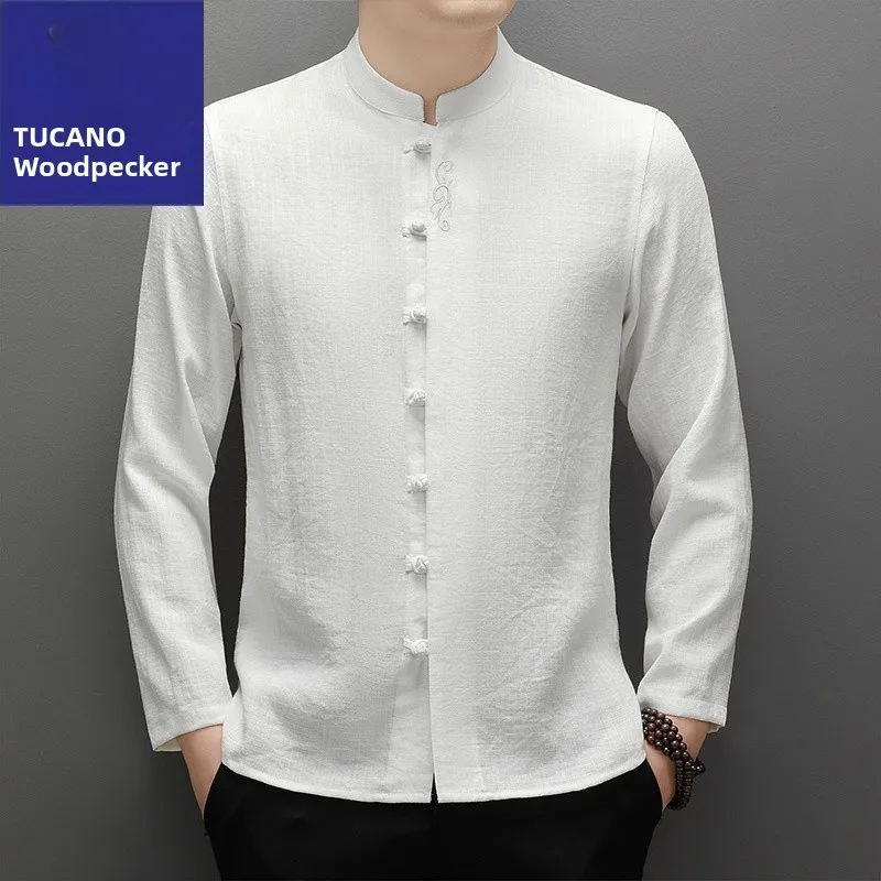 

Высококачественная льняная длинная све irt для мужчин с воротником-стойкой на пуговицах, традиционная китайская дышащая повседневная одежда