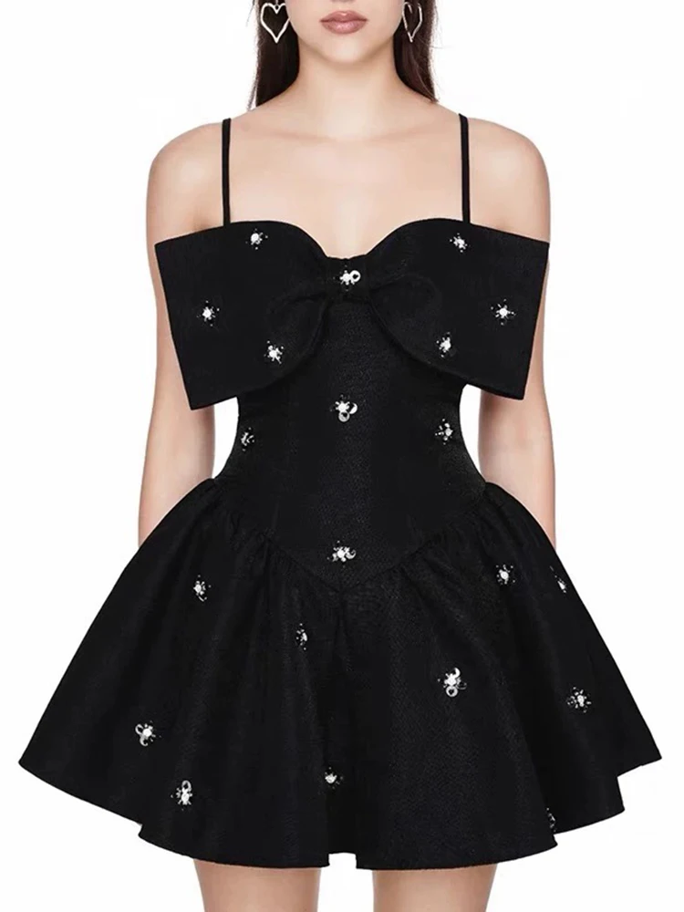 Stereoscopic Bow Trim Black Party Dress Temperament Elegant Sequins Flower Decoration Short Women's Dresses 2024 Summer New