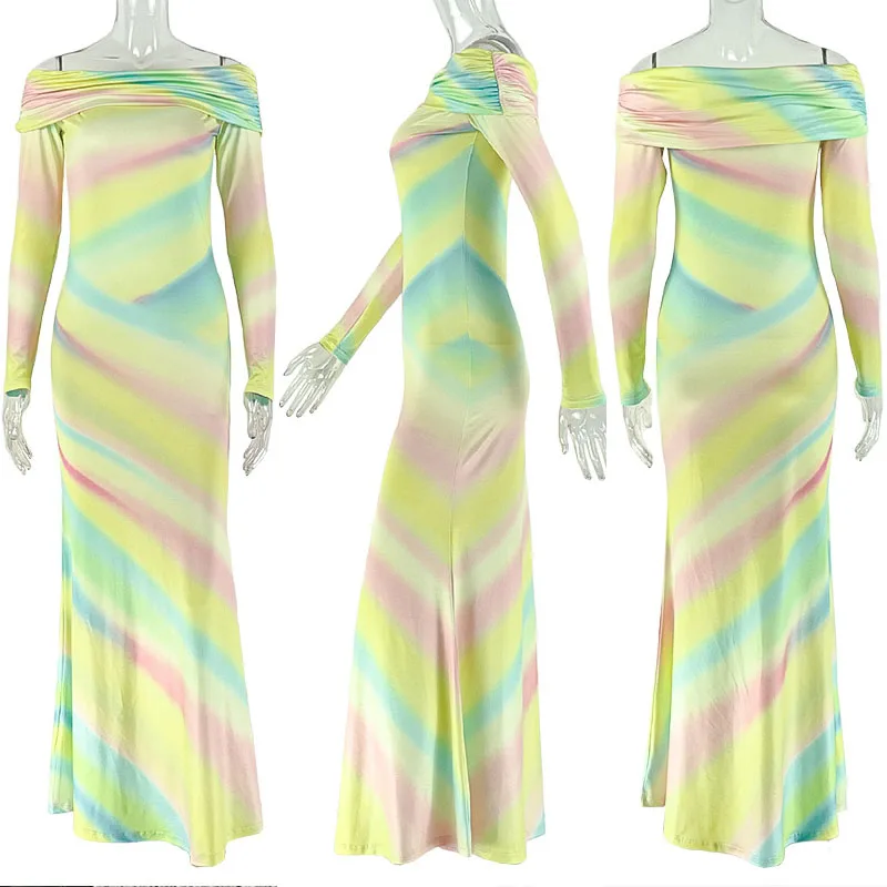 섹시한 멀티 프린트 주름 바디콘 맥시 드레스 여성 오프숄더 긴팔 슬림 스트레치 나이트클럽 파티 롱 드레스