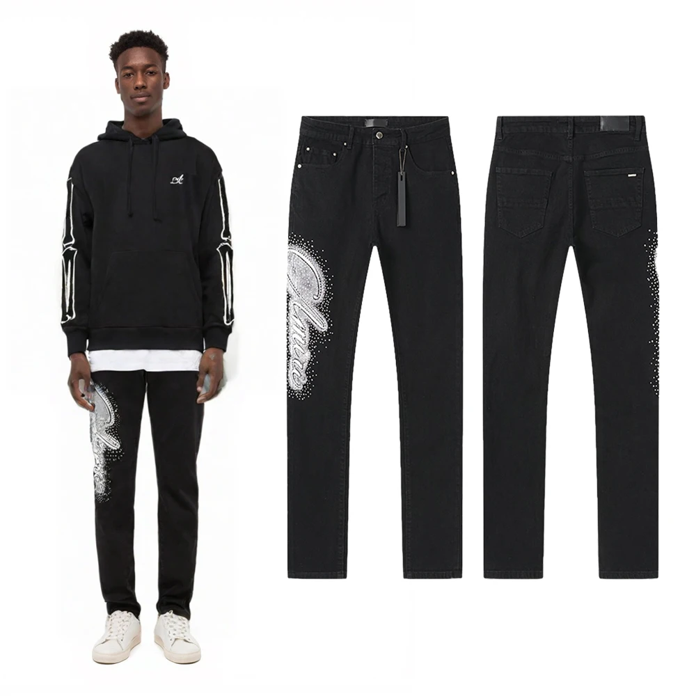 

New Y2k Clothing Men's Streetwear Rhinestones Print Slim Fit Jeans Hip Hop Street Style Retro Vintage Casual Rock Revivals Jeans
