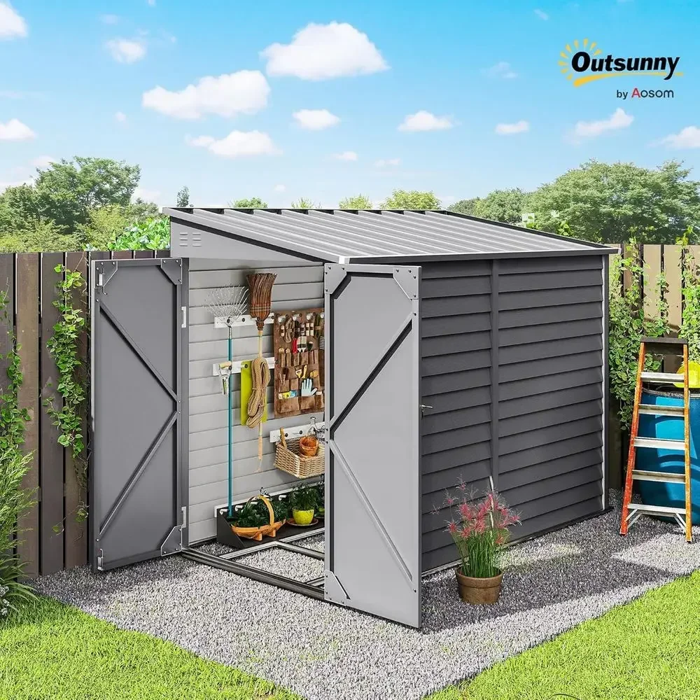 Gray 4.6' x 9' Outdoor Metal Storage Shed, Waterproof Lean-to, with Foundation Kit, Lockable Door, Gloves, and 2 Air Vents for G