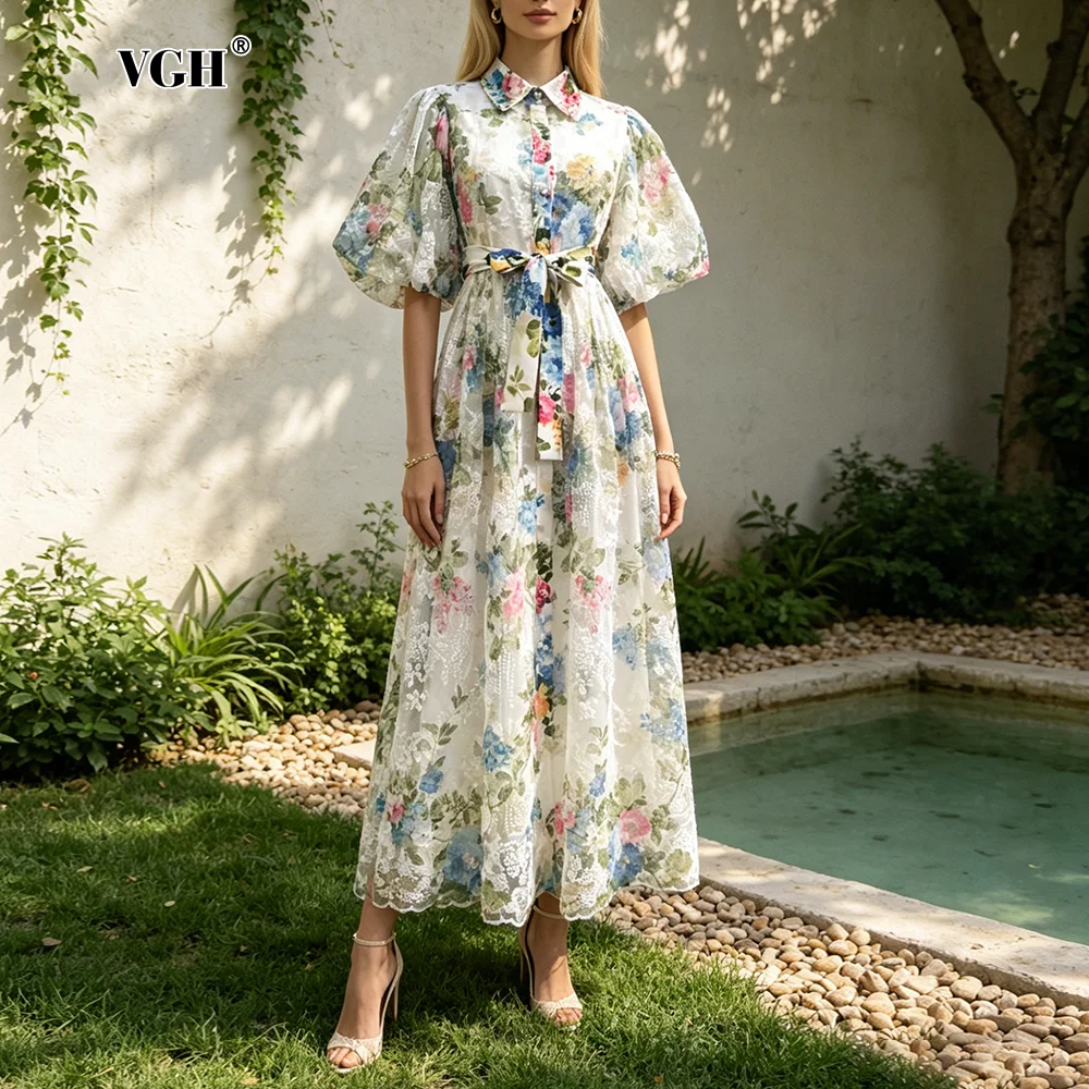 VGH Hochzeitsgast-Kleid mit Weißem Blumenmuster und Puffärmeln, Maxikleid für Damen mit Revers und Taillengürtel-Design, Röcke für Gartenpartys