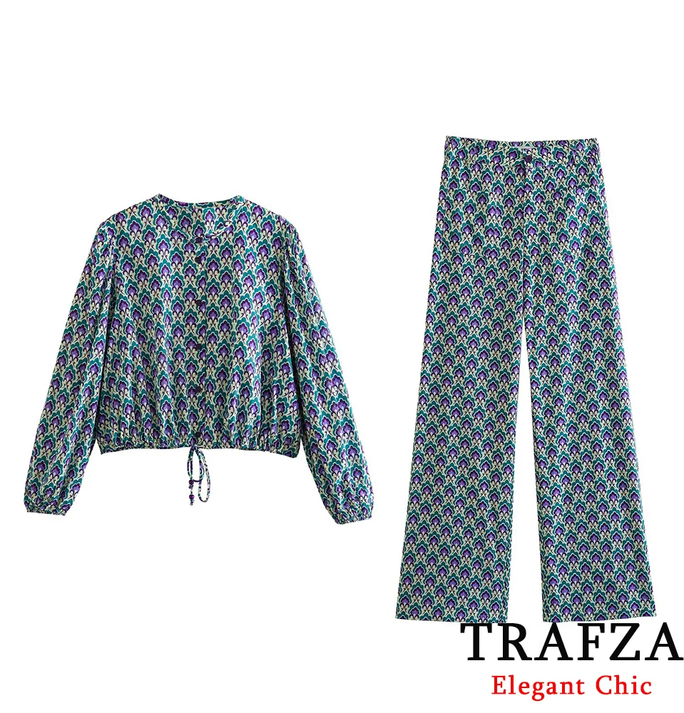 

TRAFZA Women Vintage Printed Set O-Neck Buttons Shirt OR Long Pants New 2025 Spring Summer Fashion Holidays Mujer Chic Set