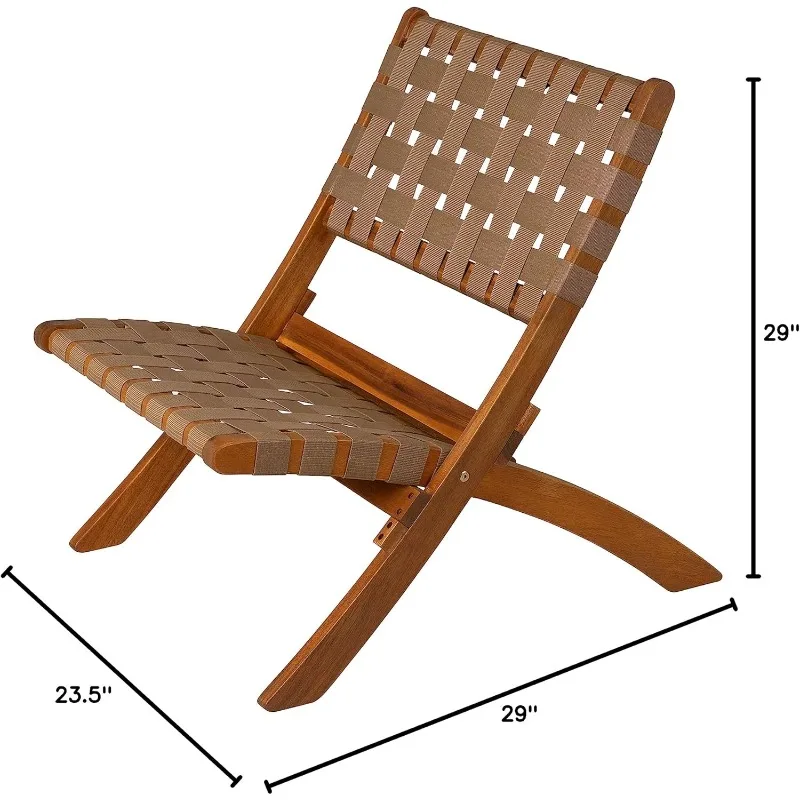 Outdoor Folding Chair, Low Hanging Portable Seat, Solid Acacia Wood Woven Seat and Backrest, Indoor Porch, Lawn, Garden