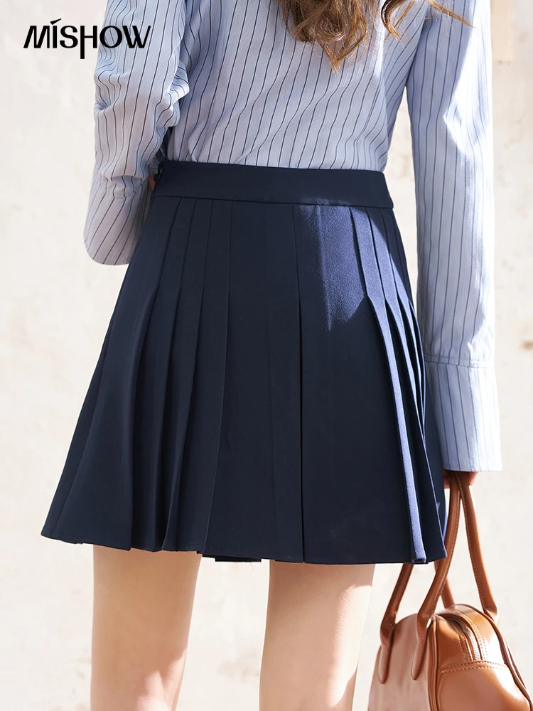 MISHOW Dark Blue Pleated Skirt 2024 Spring Fashionable Preppy Style Solid High Waist Metal Buckle Sweet A-line Skirts MXD12B0224