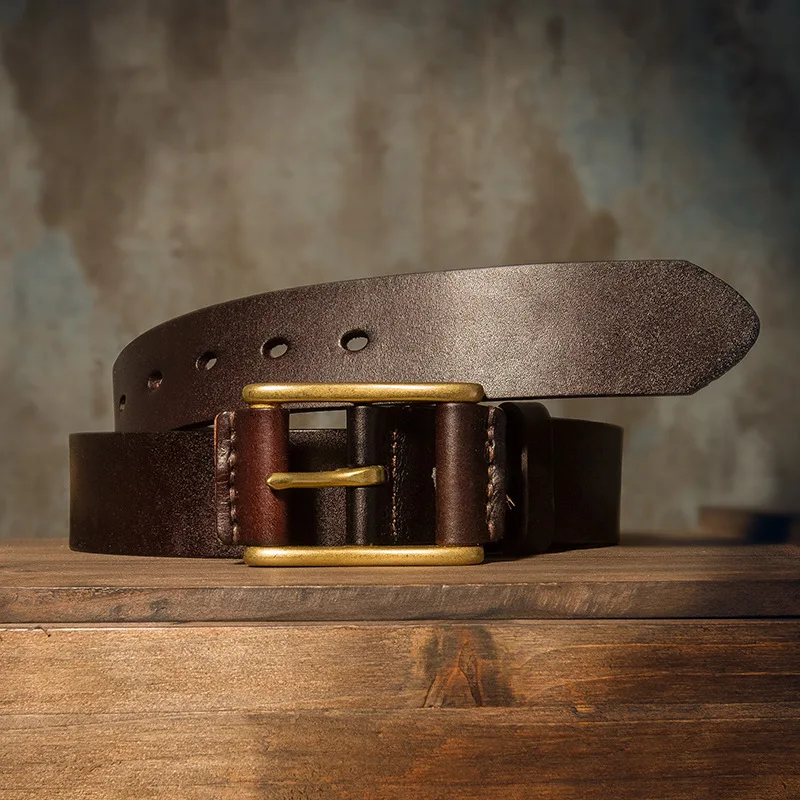 Men's Distressed Leather Belt Vintage Center Bar Buckle Brass Belt First Layer Cowhide Gift Box Casual All-Matched Belt 4cm