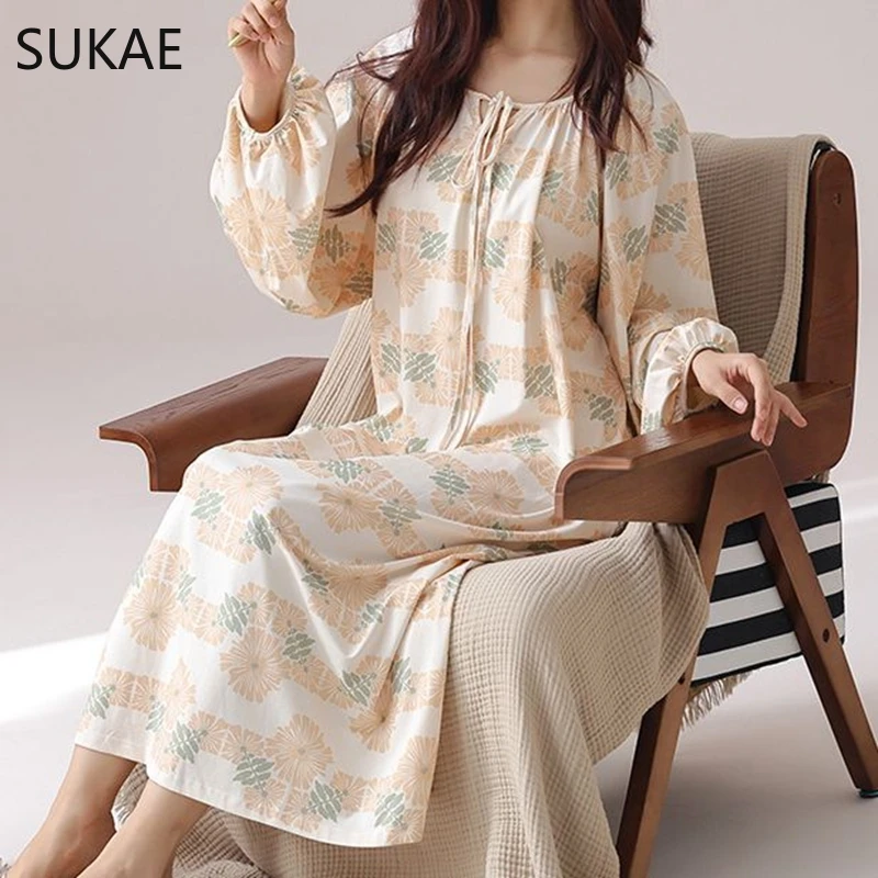 SUKAE Gorgeous Long Sleepshirt Elegant Women Nightgowns Spring Vintage Court Style Lady Chic Dress Autumn Faux Cotton Nightdress