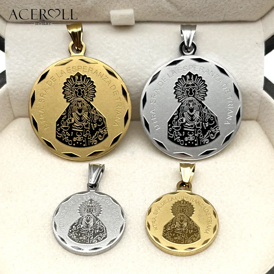 ACEROLL Stainless Steel Catholic Pendant with OUR LADY OF HOPE OF TRIANA Medal Virgin of Hope