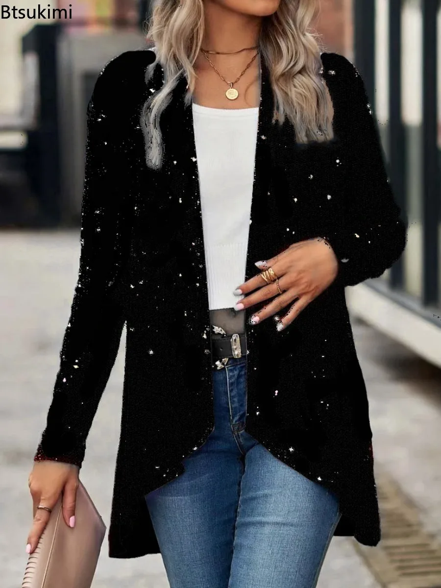 Women's Fashion Shinny Sequin Open Front Jacket Top Glitter Cardigan Coat Stage Party Nightclub Costume Disco Rave Outerwear New