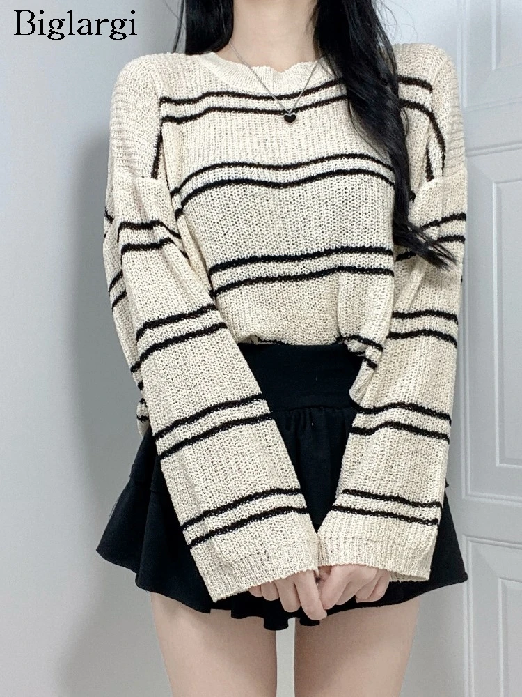 

Вязаный осенний пуловер, женский полосатый принт, модные ажурные женские свитера, свободный повседневный женский свитер в корейском стиле