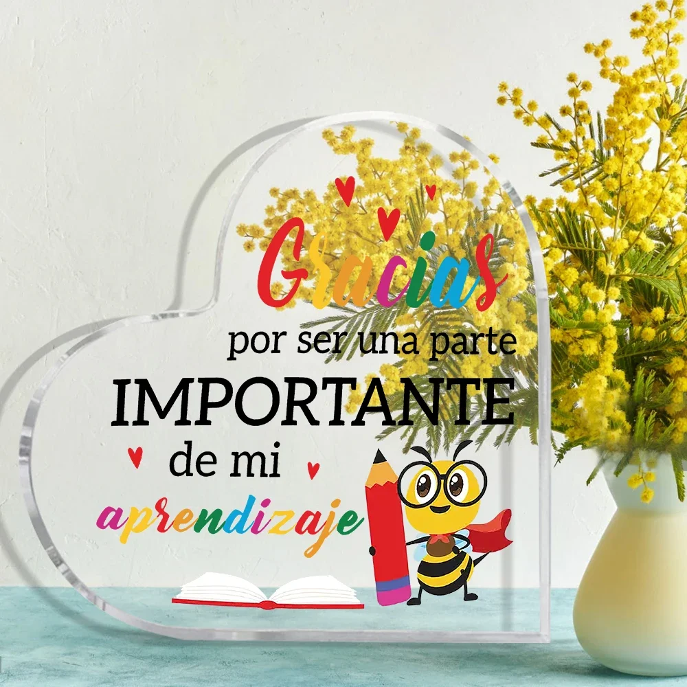 Heart Acrylic Desk Plaque Cute Bee Spanish Appreciation Acrylic Heart Sign, Teacher School Desk Keepsake Gift
