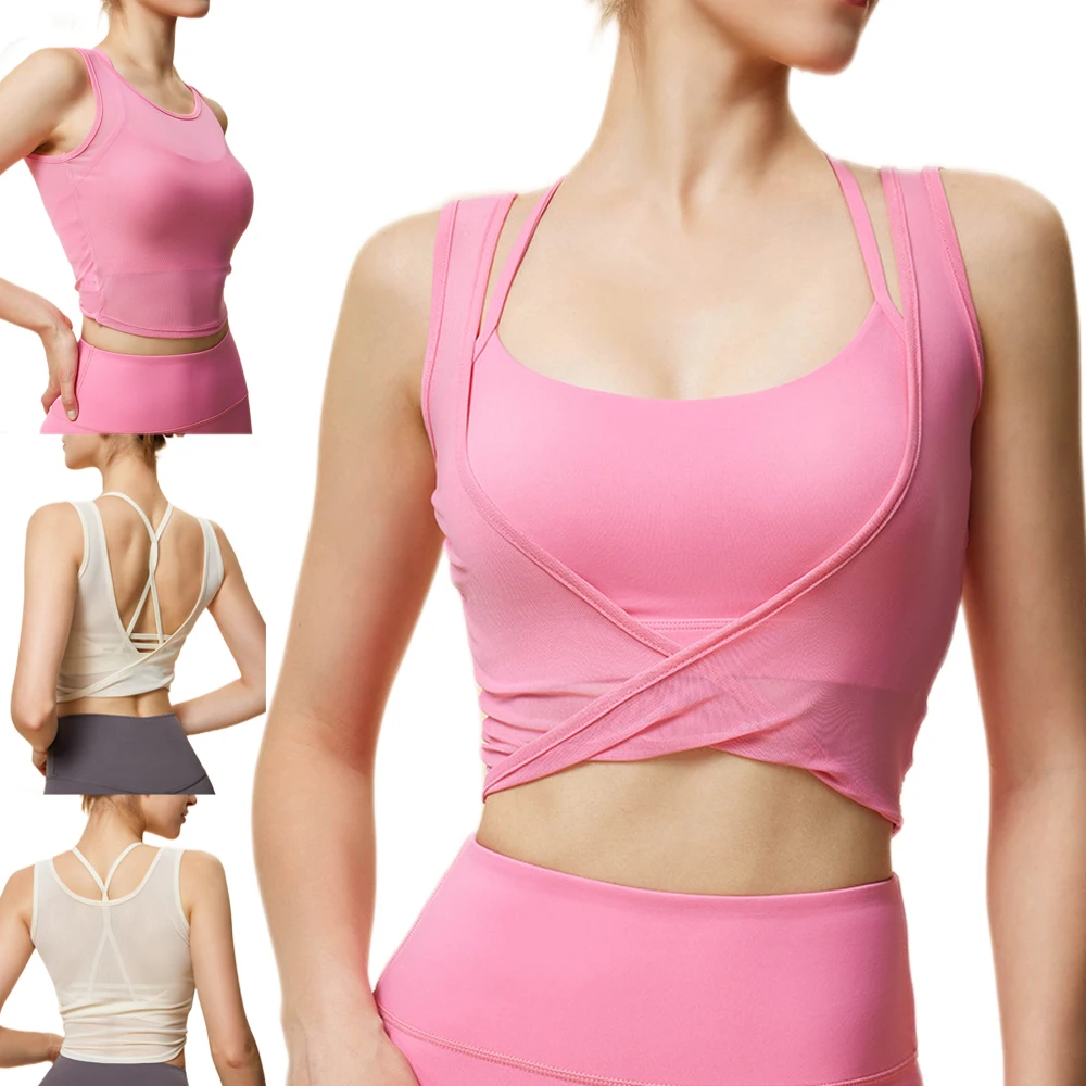 Summer Sexy Bra Top Strap Backless Padded Yoga Wear See Through Mesh Vest Tights 2 Ways Wearing Cloth Running Gym Sportswear New