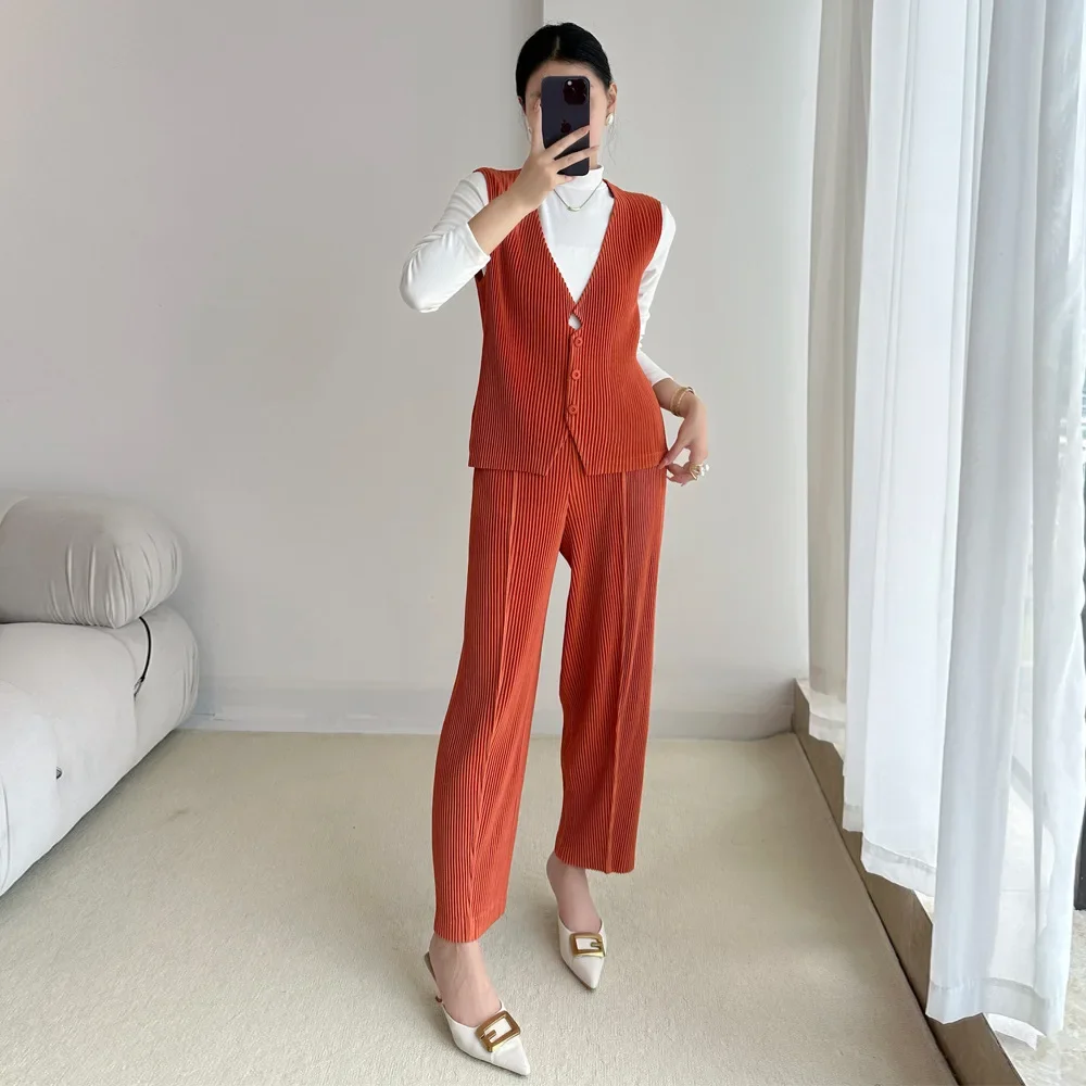 Pleats Pleated Pants Suit Commuter Female Fall and Winter New V-neck Sleeveless Vest Outside with Thin Casual Pants 2-piece Set