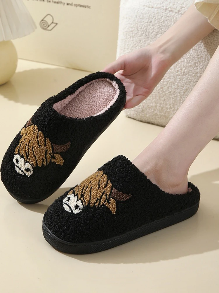 Winter Women\'s Slippers Cute and Interesting Cartoon Cow Pattern Indoor Warm Comfort Home Bedroom Soft Causal  Plush Shoes