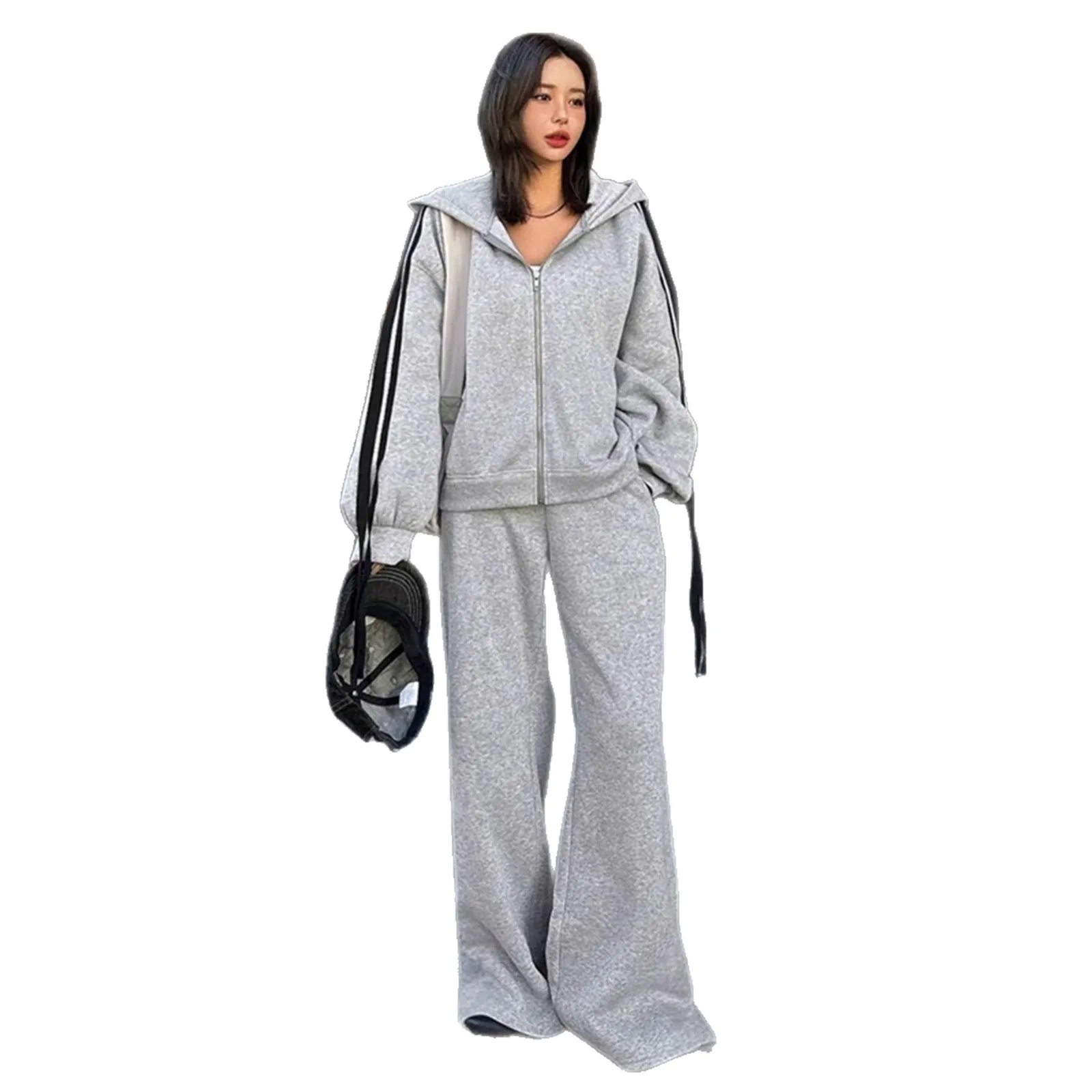 ชุดเสื้อฮู้ดและกางเกงสองชิ้นสำหรับผู้หญิง สไตล์ลำลอง สีพื้น เหมาะสำหรับใส่ไปเรียน  ฤดูใบไม้ร่วง/ฤดูหนาว 2025