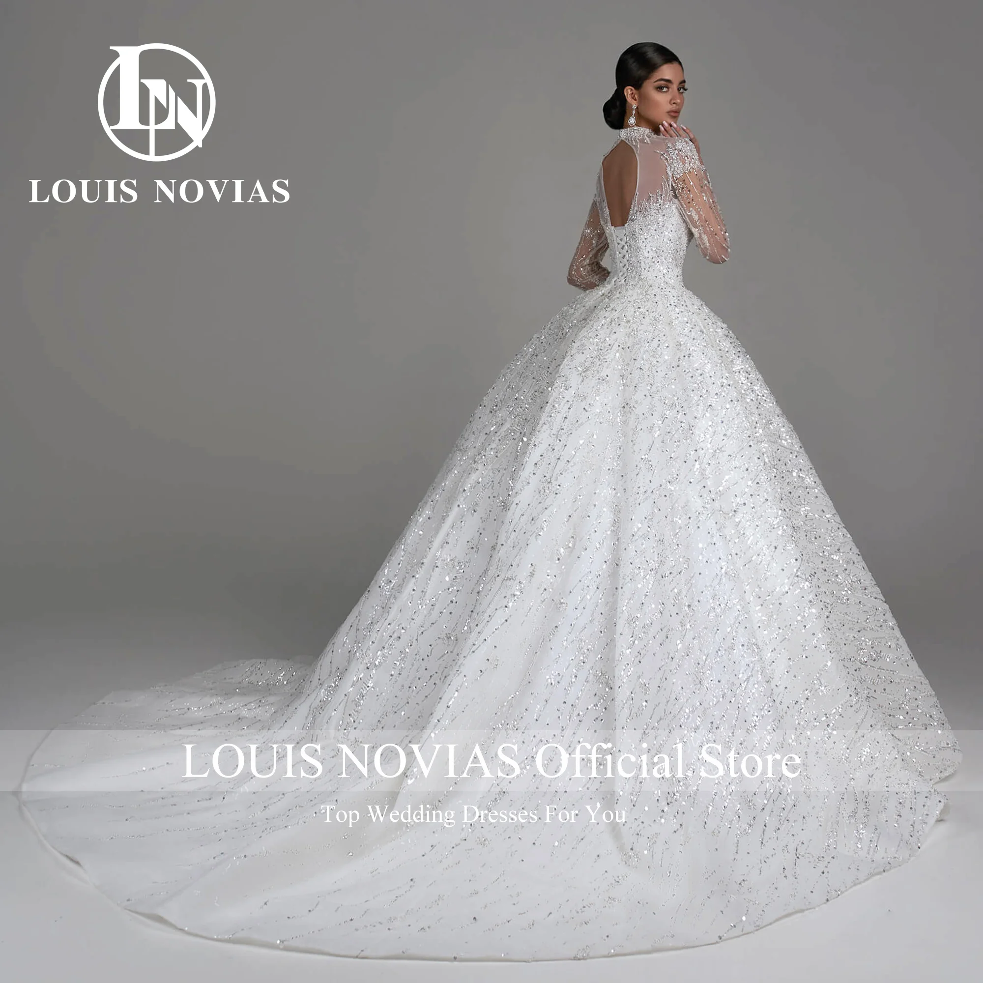 LOUIS NOVIAS Ball Gown Wedding Dress 2023 Long Sleeve O-Neck Embroidery Cut-out Sparkling Luxury Wedding Gown Vestidos De Novia