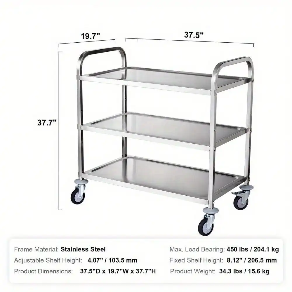 3-Tier Utility Cart Rolling Cart on Wheels 37.5